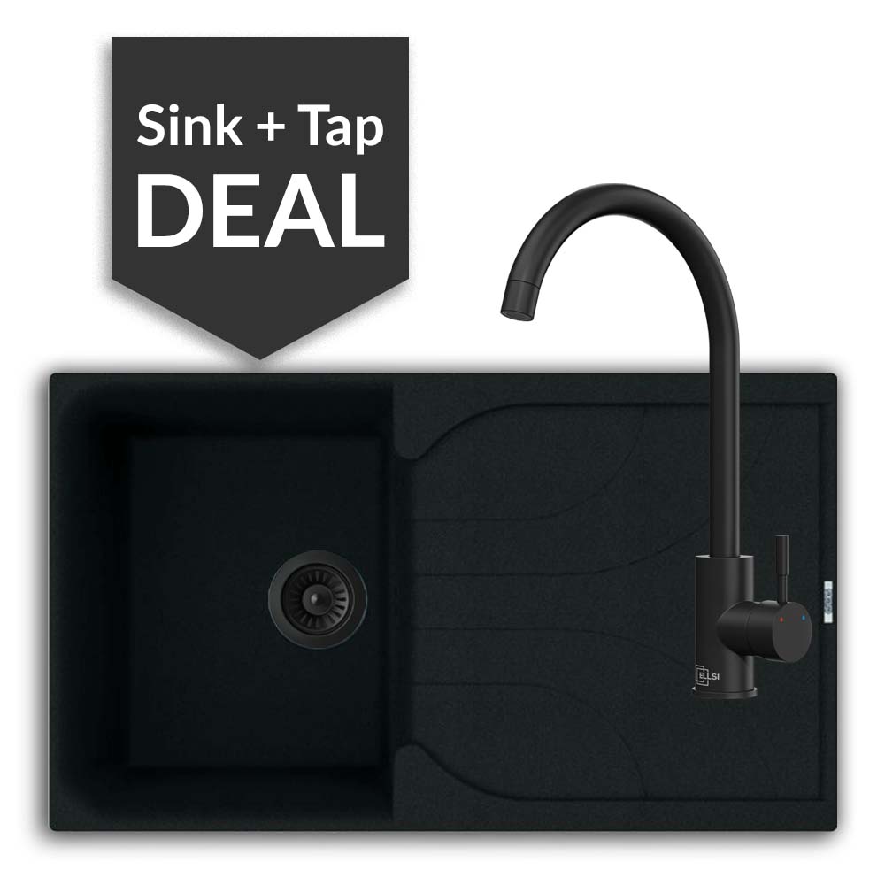 Quartz Black Small Single Bowl Sink & Varone Matte Black Tap Pack - 2024