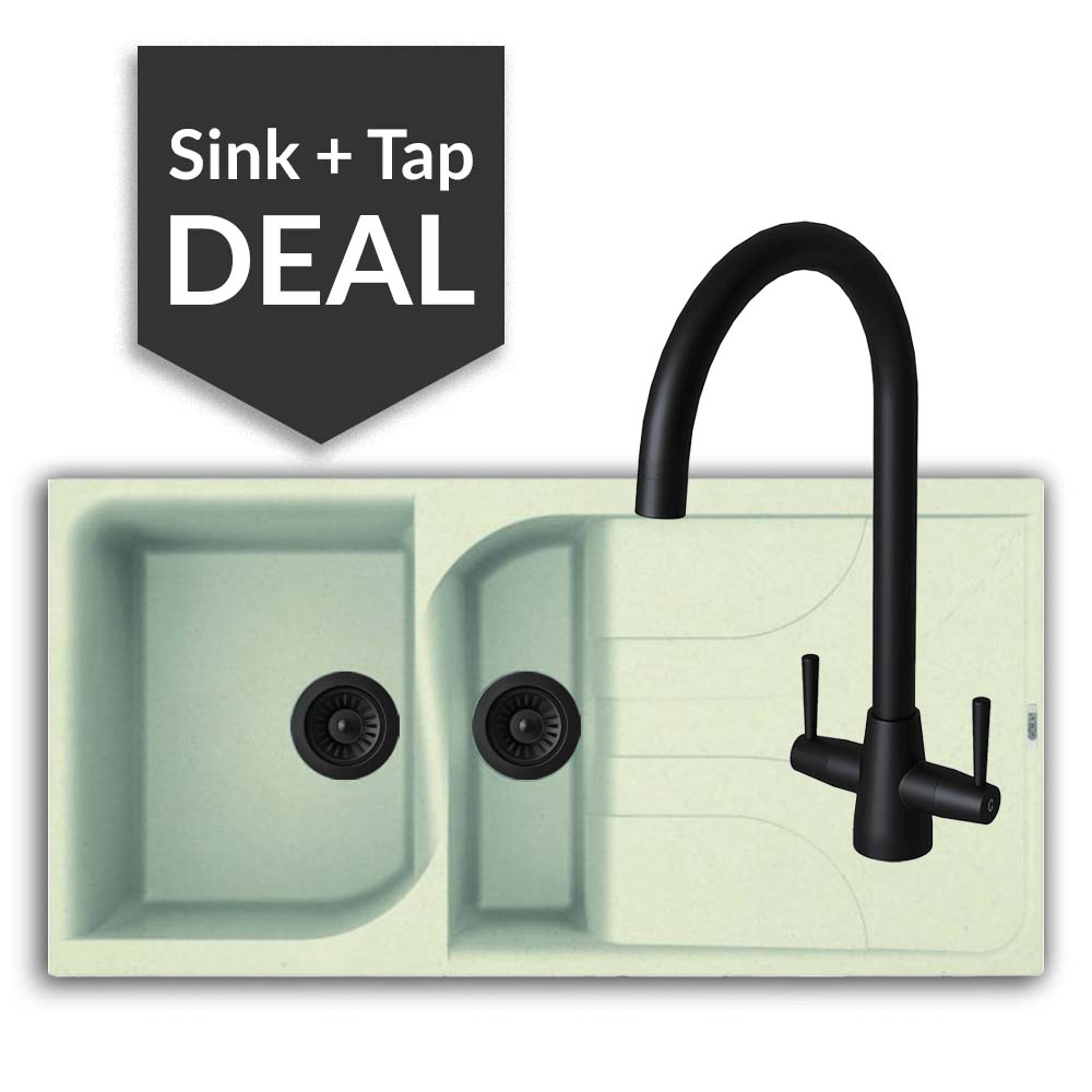 Quartz Cream 1.5 Bowl Sink & Cascade Matte Black Tap Pack - 2024