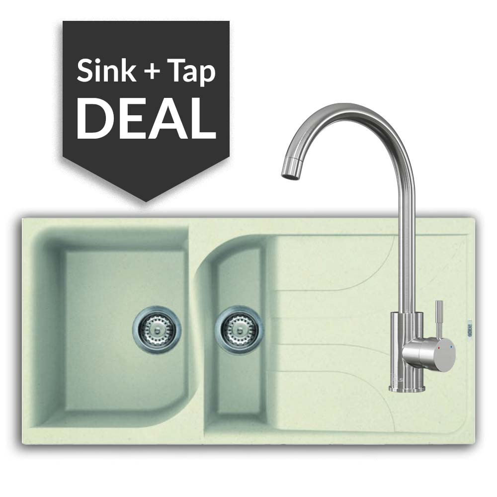 Quartz Cream 1.5 Bowl Sink & Varone Brushed Steel Tap Pack - 2024