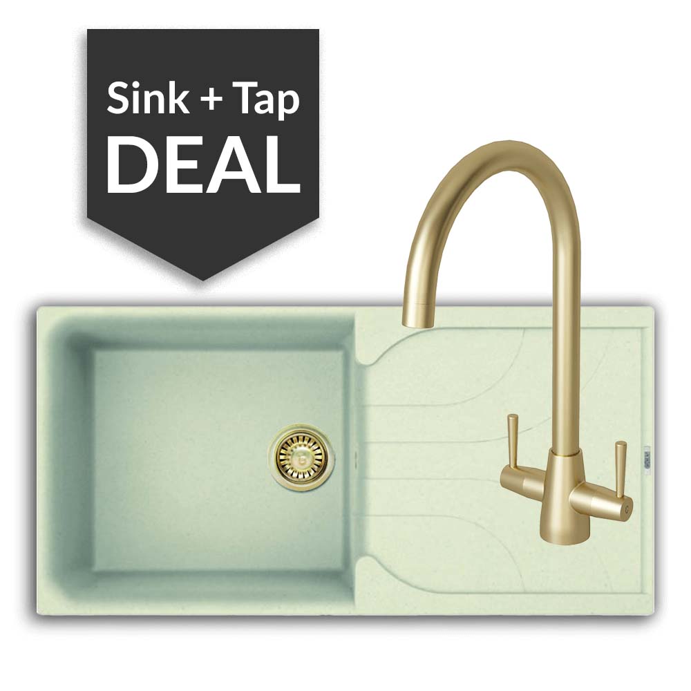 Quartz Cream Large Single Bowl Sink & Cascade Brass Tap Pack - 2024