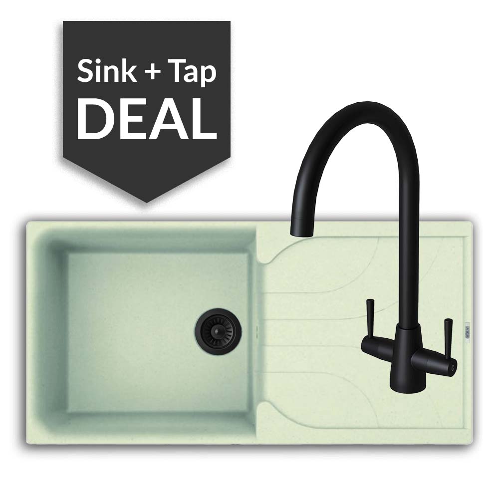 Quartz Cream Large Single Bowl Sink & Cascade Matte Black Tap Pack - 2024