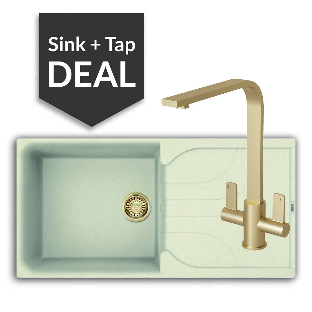 Quartz Cream Large Single Bowl Sink & Mesa Brass Tap Pack - 2024