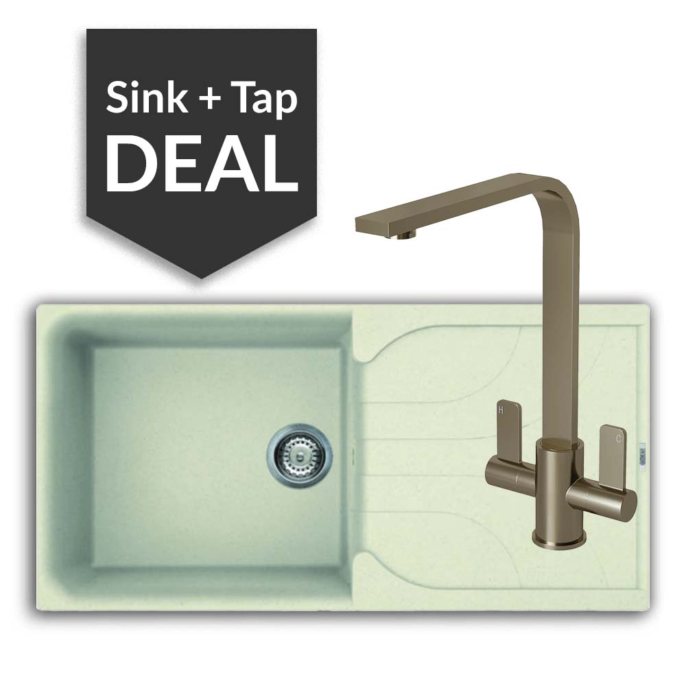 Quartz Cream Large Single Bowl Sink & Mesa Brushed Steel Tap Pack - 2024