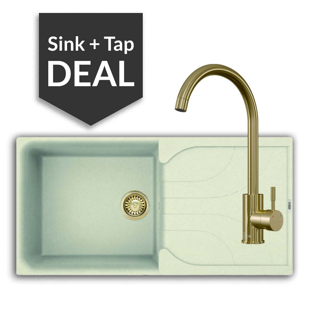 Quartz Cream Large Single Bowl Sink & Varone Brass Tap Pack - 2024