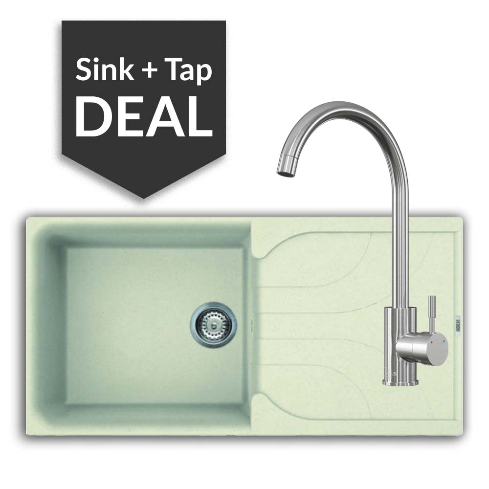 Quartz Cream Large Single Bowl Sink & Varone Brushed Steel Tap Pack - 2024