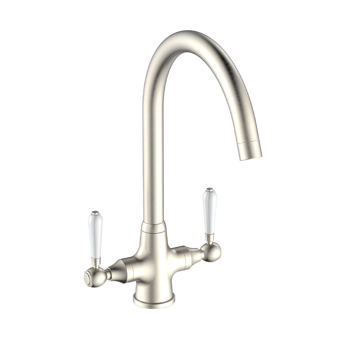 BELMONT White Ceramic Lever Swan Neck Tap - Brushed Nickel